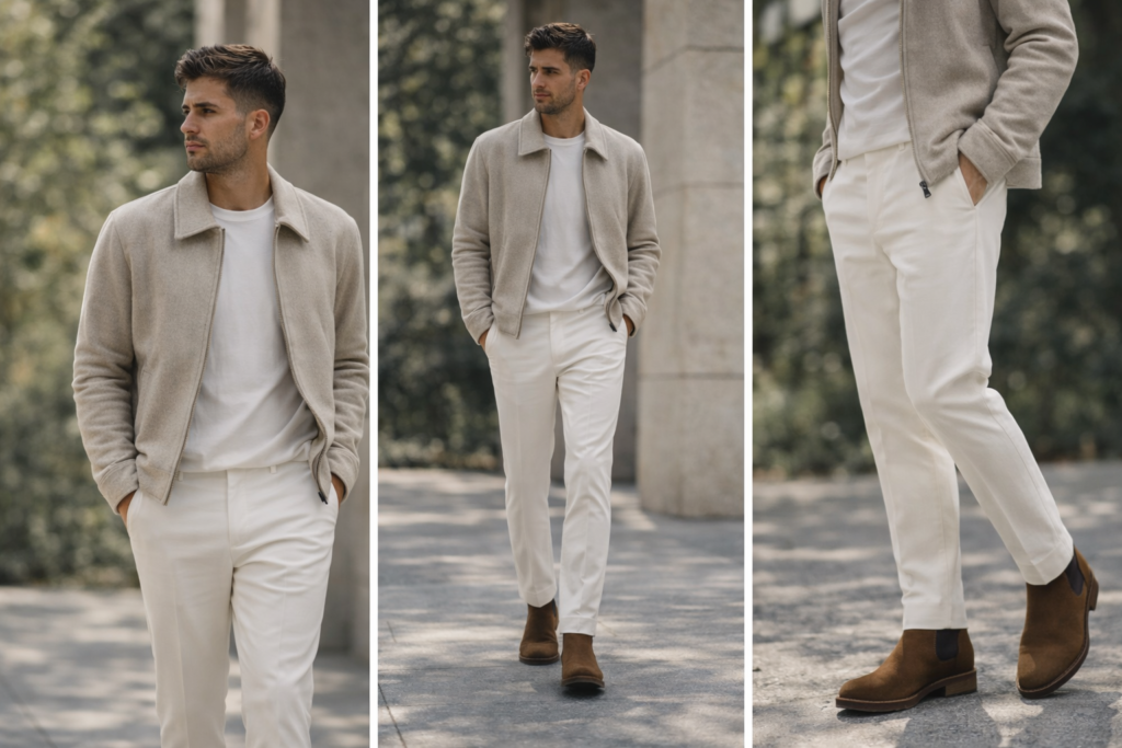 Men’s beige jacket outfit with white T-shirt, off-white chinos, and brown Chelsea boots